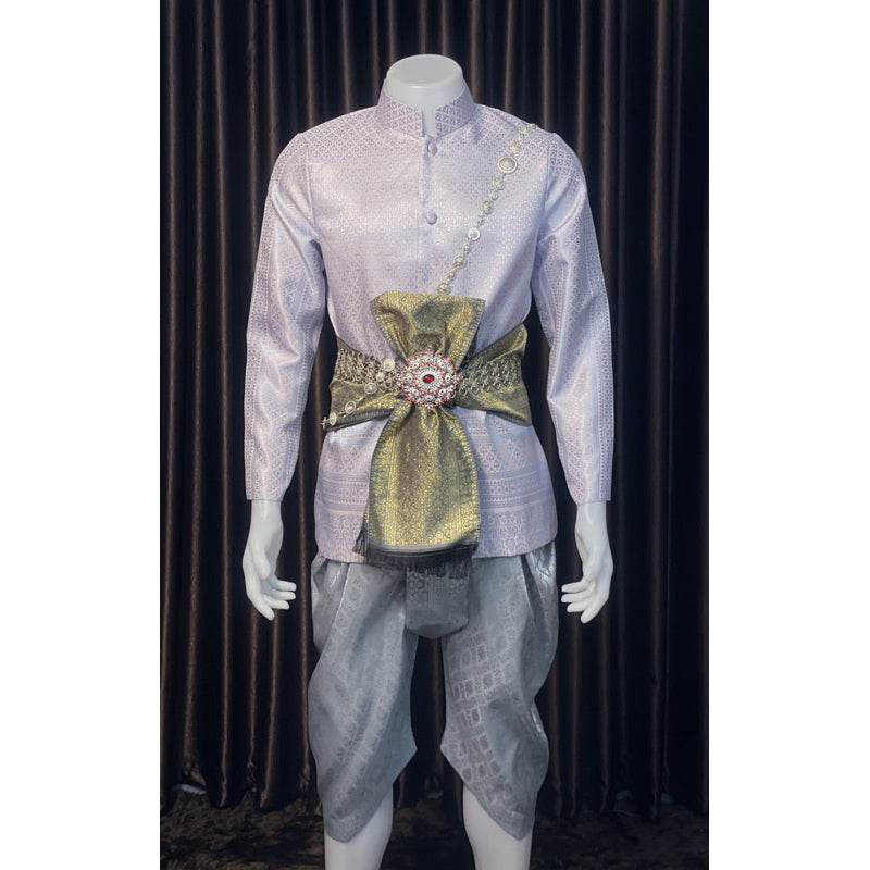 Thai Silver-Gray Wedding Set - Traditional Thai Bridal Outfit for Men & Women | Custom Design & Size | Jacket, Sarong & Sabai Included One-Sake.com Women's accessories For women's outfits only For men's outfits only For women's outfits only-For men's outfits only-Women's accessories-Men's accessories-Thai dress-Small accessories-