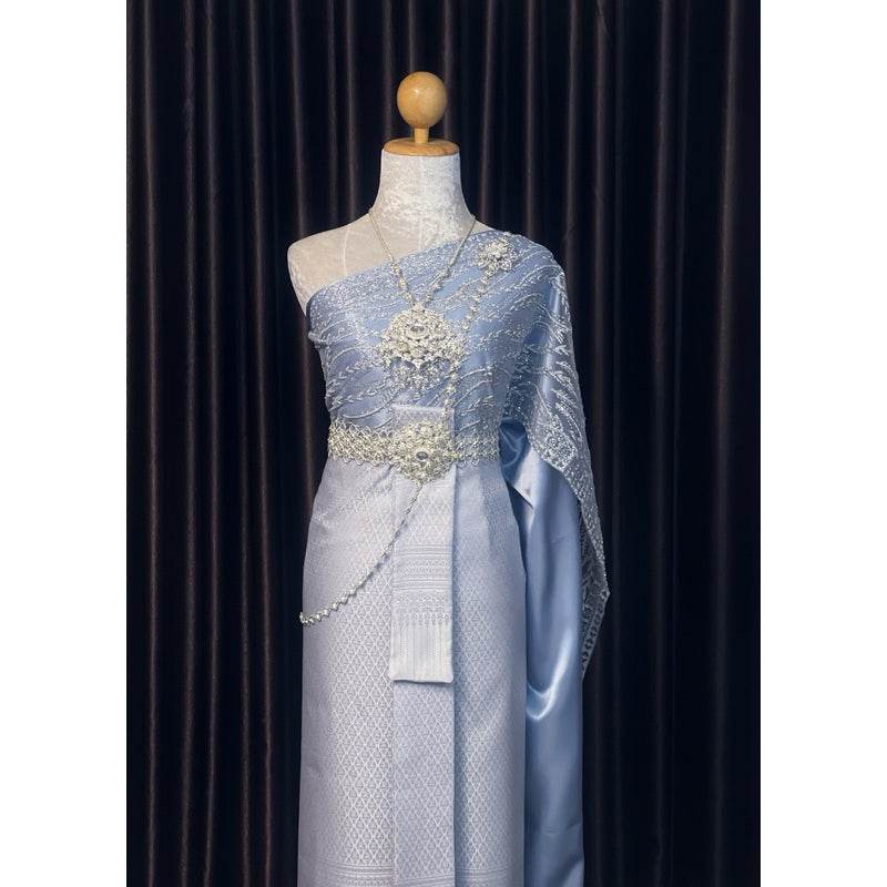 Thai Silver-Gray Wedding Set - Traditional Thai Bridal Outfit for Men & Women | Custom Design & Size | Jacket, Sarong & Sabai Included One-Sake.com Women's accessories For women's outfits only For men's outfits only For women's outfits only-For men's outfits only-Women's accessories-Men's accessories-Thai dress-Small accessories-