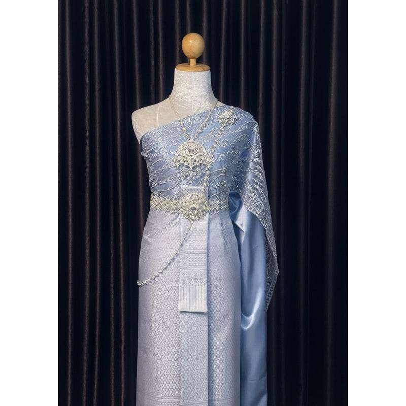 Thai Silver-Gray Wedding Set - Custom Traditional Thai Bridal Outfit for Men & Women with Jacket, Sarong & Sabai