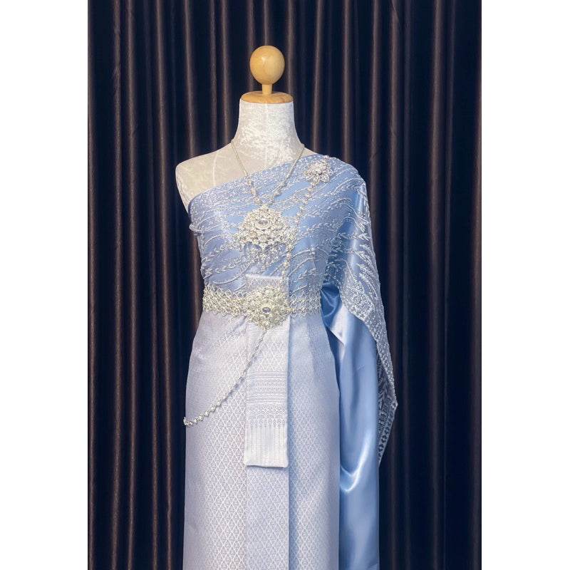 Thai Silver-Gray Wedding Set - Traditional Thai Bridal Outfit for Men & Women | Custom Design & Size | Jacket, Sarong & Sabai Included One-Sake.com Women's accessories For women's outfits only For men's outfits only For women's outfits only-For men's outfits only-Women's accessories-Men's accessories-Thai dress-Small accessories-
