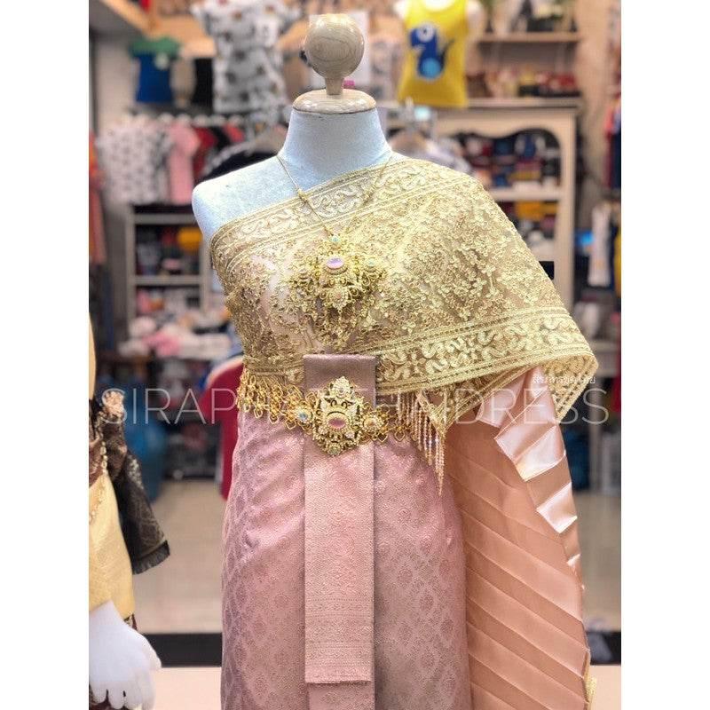 Traditional Wedding Dress Set with Gold Lace - Thai Bridal Outfit Collection