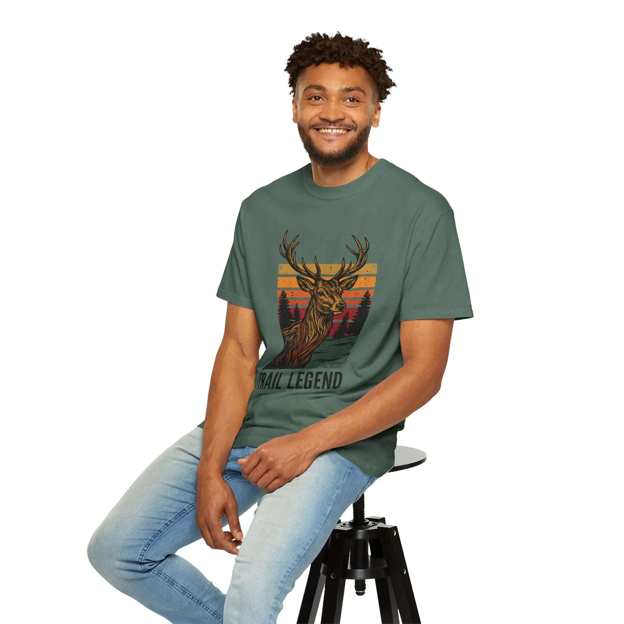 Trail Legend Deer T-Shirt, Vintage Sunset Forest Graphic Tee, Stag Outdoors Hiking Camping Shirt, Garment-Dyed Unisex Comfort Blue Spruce