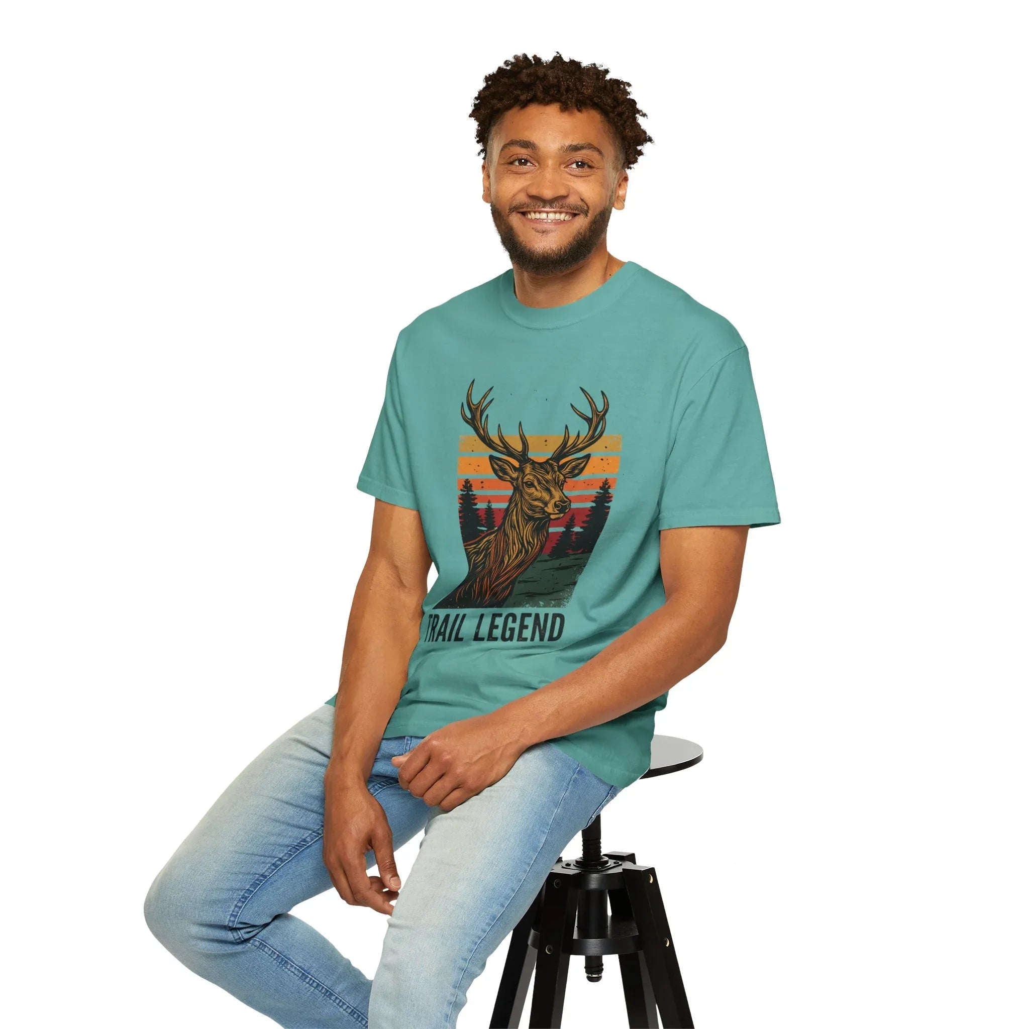 Trail Legend Deer T-Shirt, Vintage Sunset Forest Graphic Tee, Stag Outdoors Hiking Camping Shirt, Garment-Dyed Unisex Comfort Seafoam