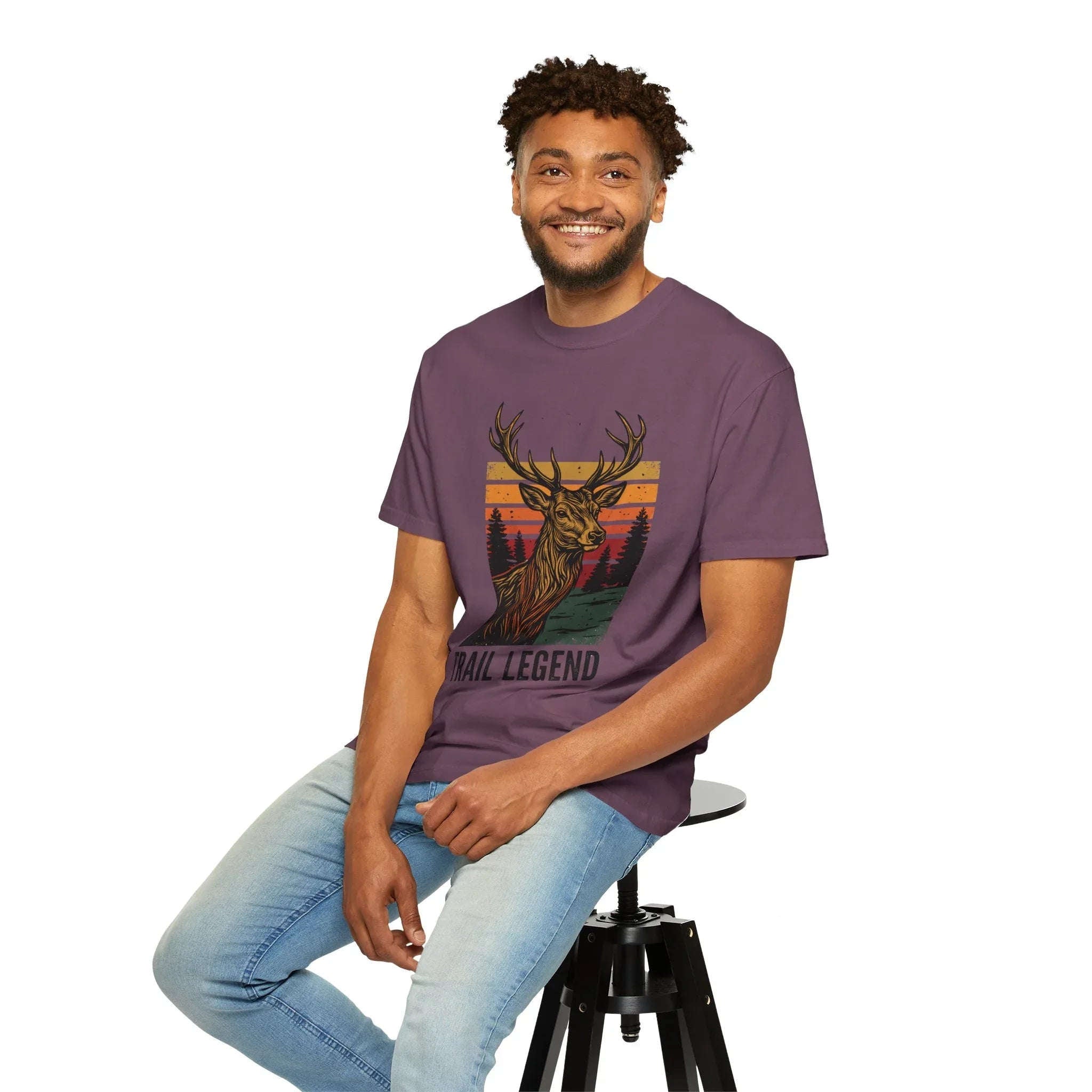 Trail Legend Deer T-Shirt, Vintage Sunset Forest Graphic Tee, Stag Outdoors Hiking Camping Shirt, Garment-Dyed Unisex Comfort Berry M