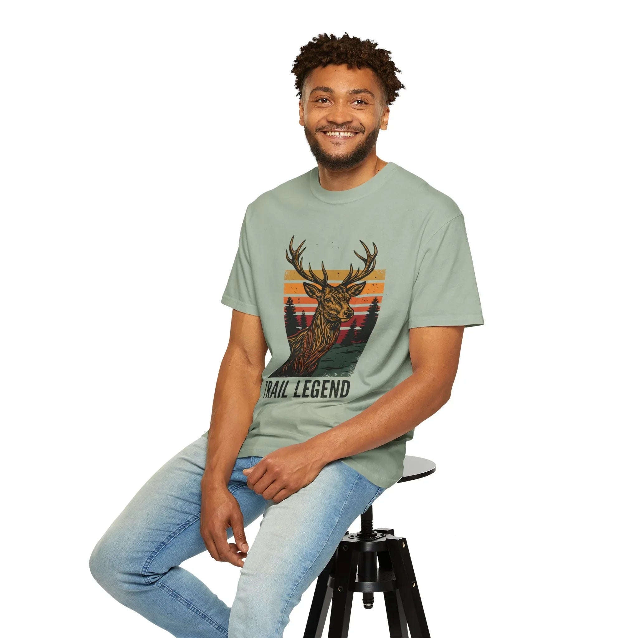 Trail Legend Deer T-Shirt, Vintage Sunset Forest Graphic Tee, Stag Outdoors Hiking Camping Shirt, Garment-Dyed Unisex Comfort Bay
