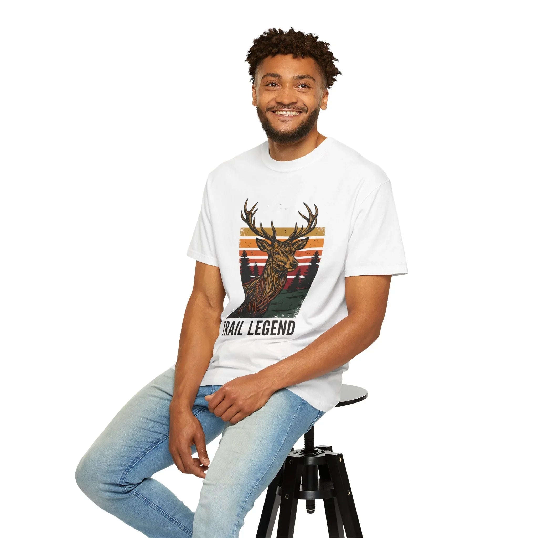 Trail Legend Deer T-Shirt, Vintage Sunset Forest Graphic Tee, Stag Outdoors Hiking Camping Shirt, Garment-Dyed Unisex Comfort