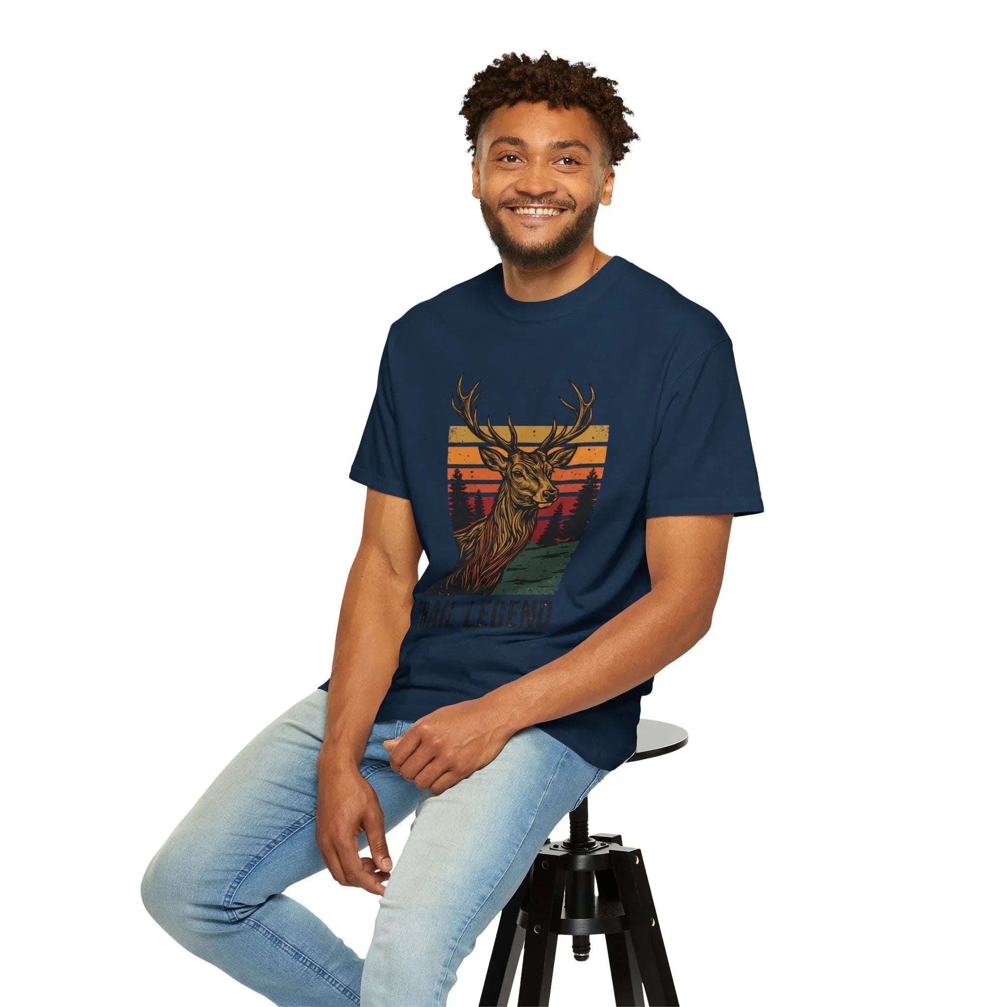 Trail Legend Deer T-Shirt, Vintage Sunset Forest Graphic Tee, Stag Outdoors Hiking Camping Shirt, Garment-Dyed Unisex Comfort True Navy