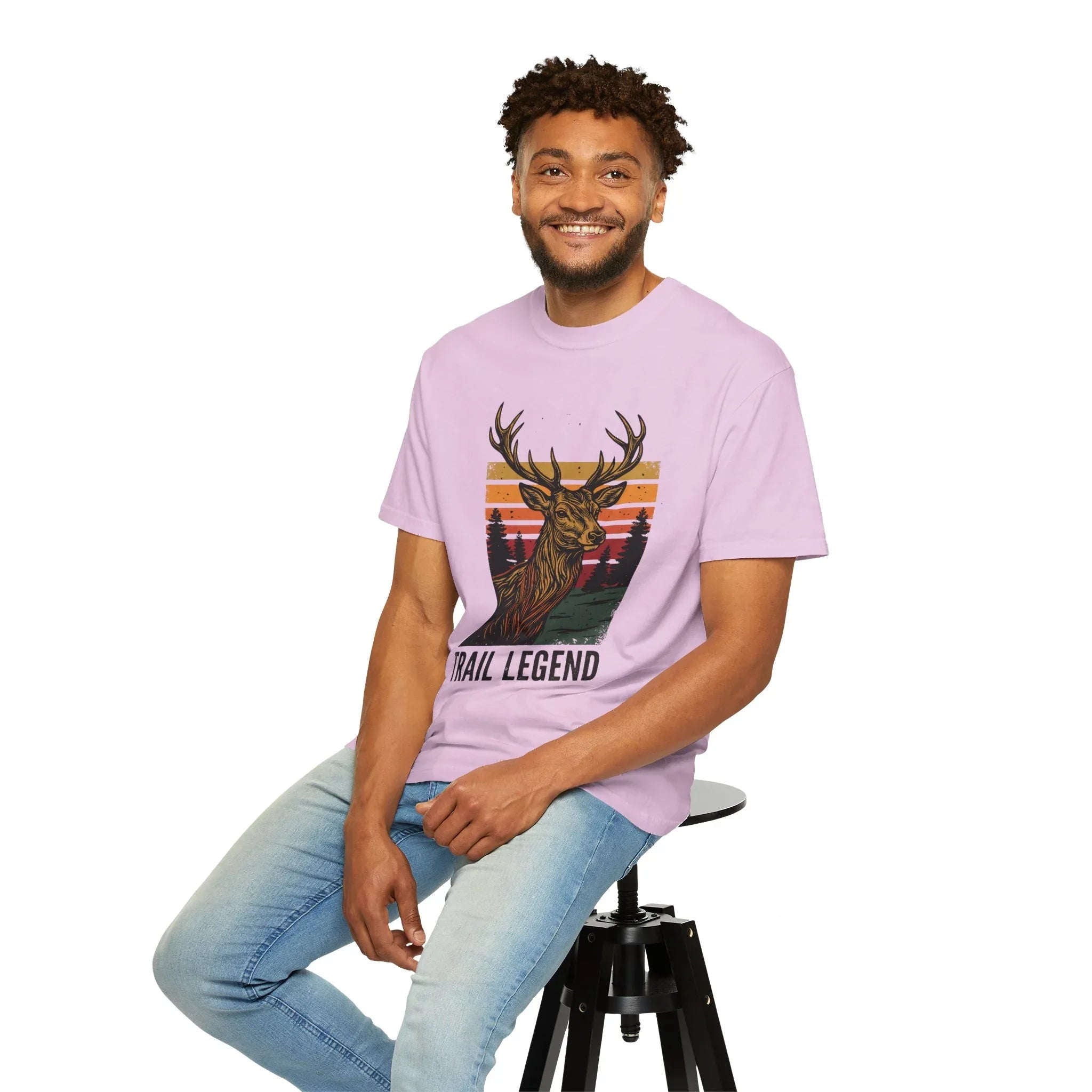 Trail Legend Deer T-Shirt, Vintage Sunset Forest Graphic Tee, Stag Outdoors Hiking Camping Shirt, Garment-Dyed Unisex Comfort Orchid