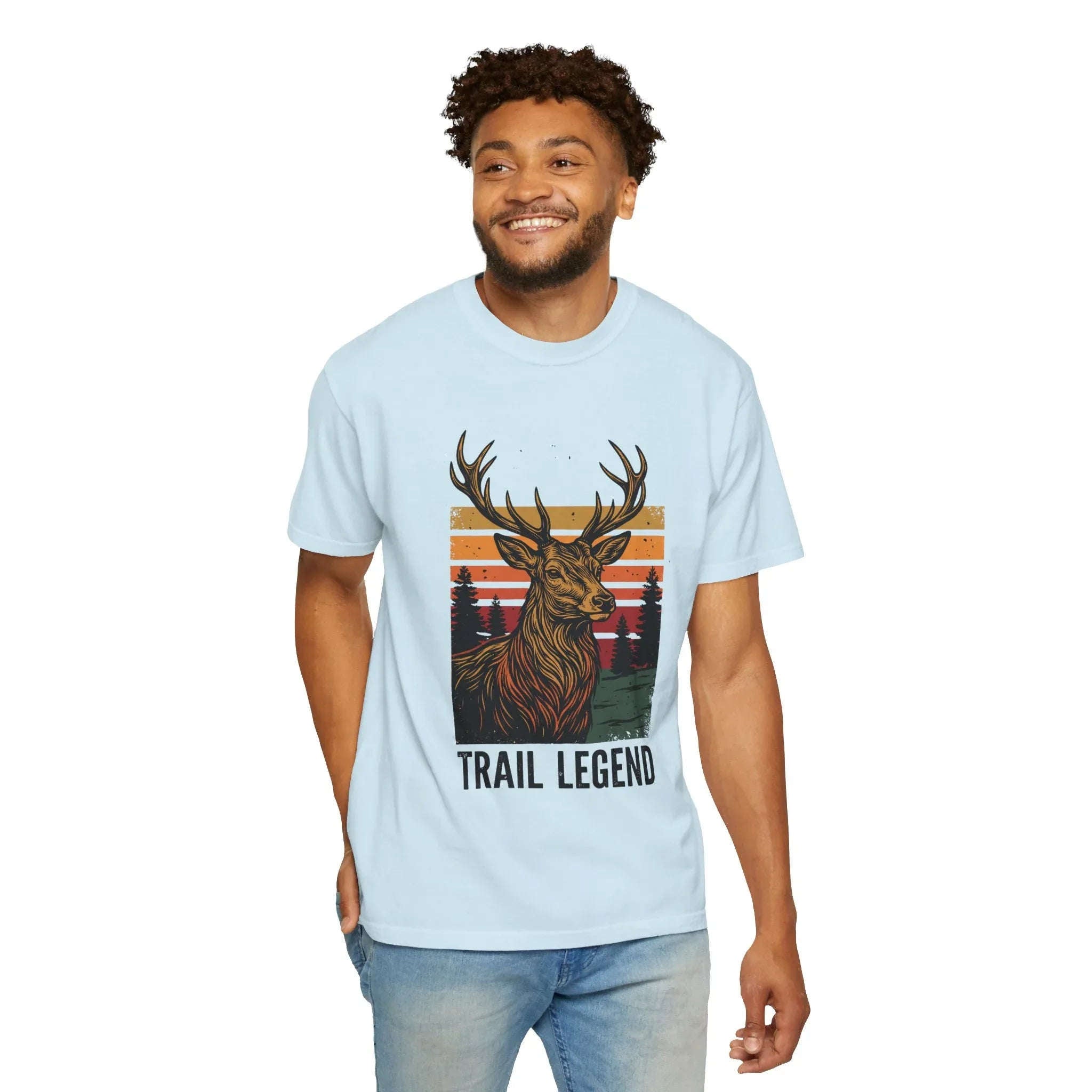 Trail Legend Deer T-Shirt, Vintage Sunset Forest Graphic Tee, Stag Outdoors Hiking Camping Shirt, Garment-Dyed Unisex Comfort Chambray