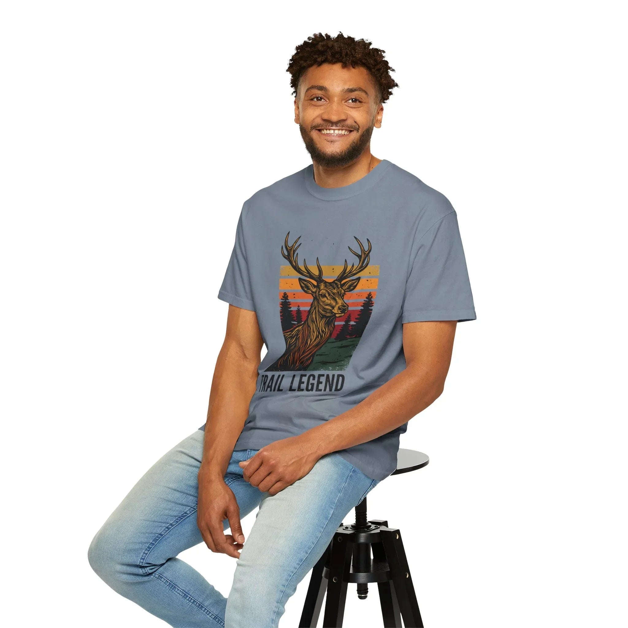 Trail Legend Deer T-Shirt, Vintage Sunset Forest Graphic Tee, Stag Outdoors Hiking Camping Shirt, Garment-Dyed Unisex Comfort Blue Jean