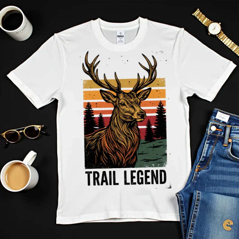 Trail Legend Deer T-Shirt, Vintage Sunset Forest Graphic Tee, Stag Outdoors Hiking Camping Shirt, Garment-Dyed Unisex Comfort White