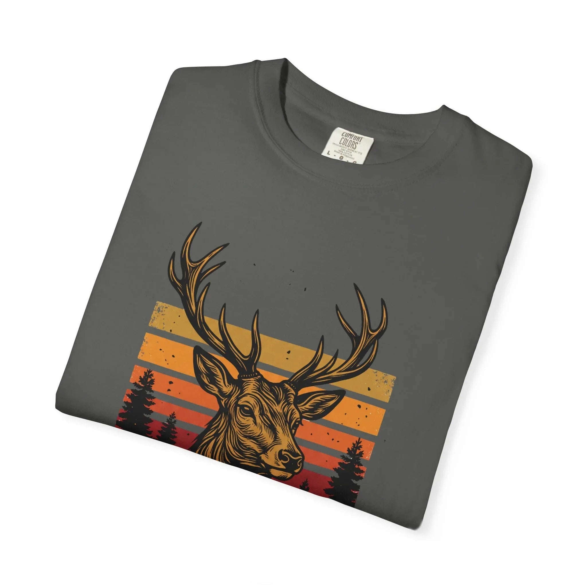 Trail Legend Deer T-Shirt, Vintage Sunset Forest Graphic Tee, Stag Outdoors Hiking Camping Shirt, Garment-Dyed Unisex Comfort Pepper