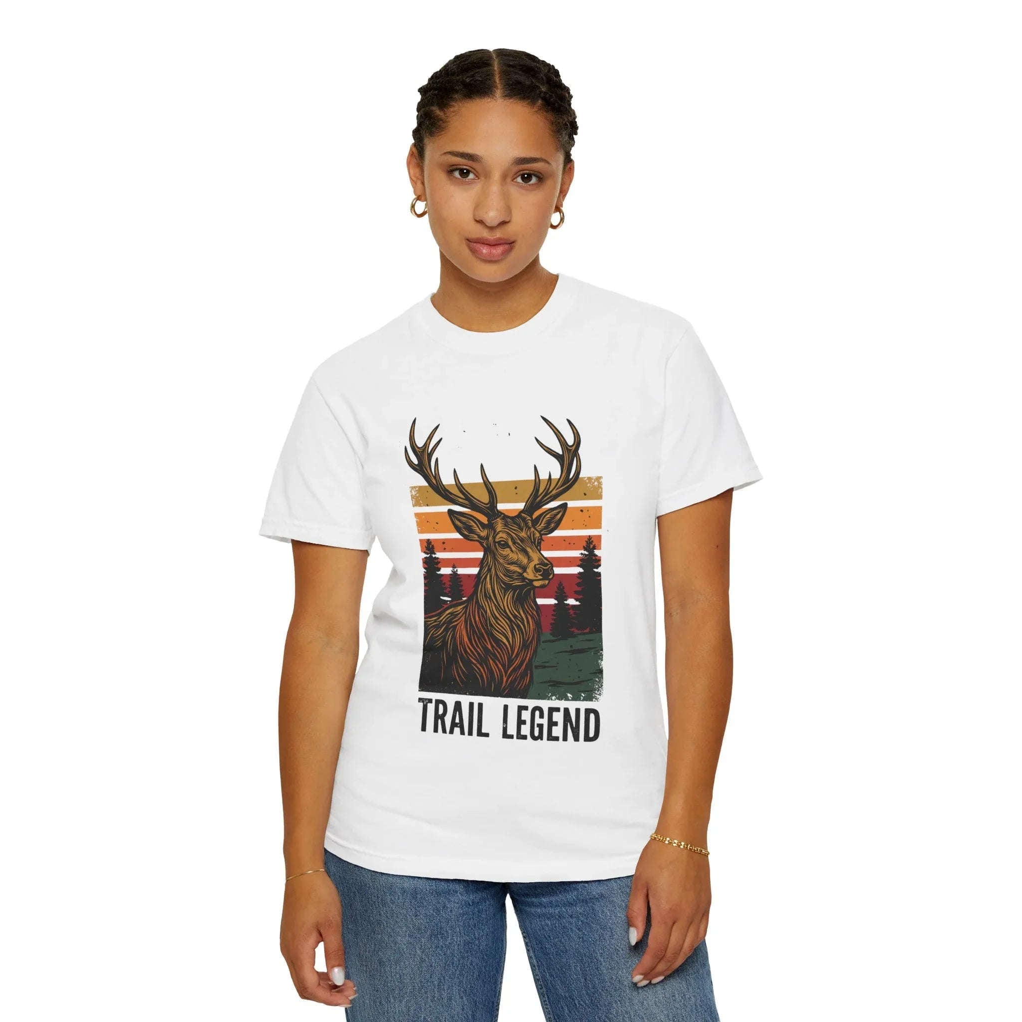 Trail Legend Deer T-Shirt, Vintage Sunset Forest Graphic Tee, Stag Outdoors Hiking Camping Shirt, Garment-Dyed Unisex Comfort