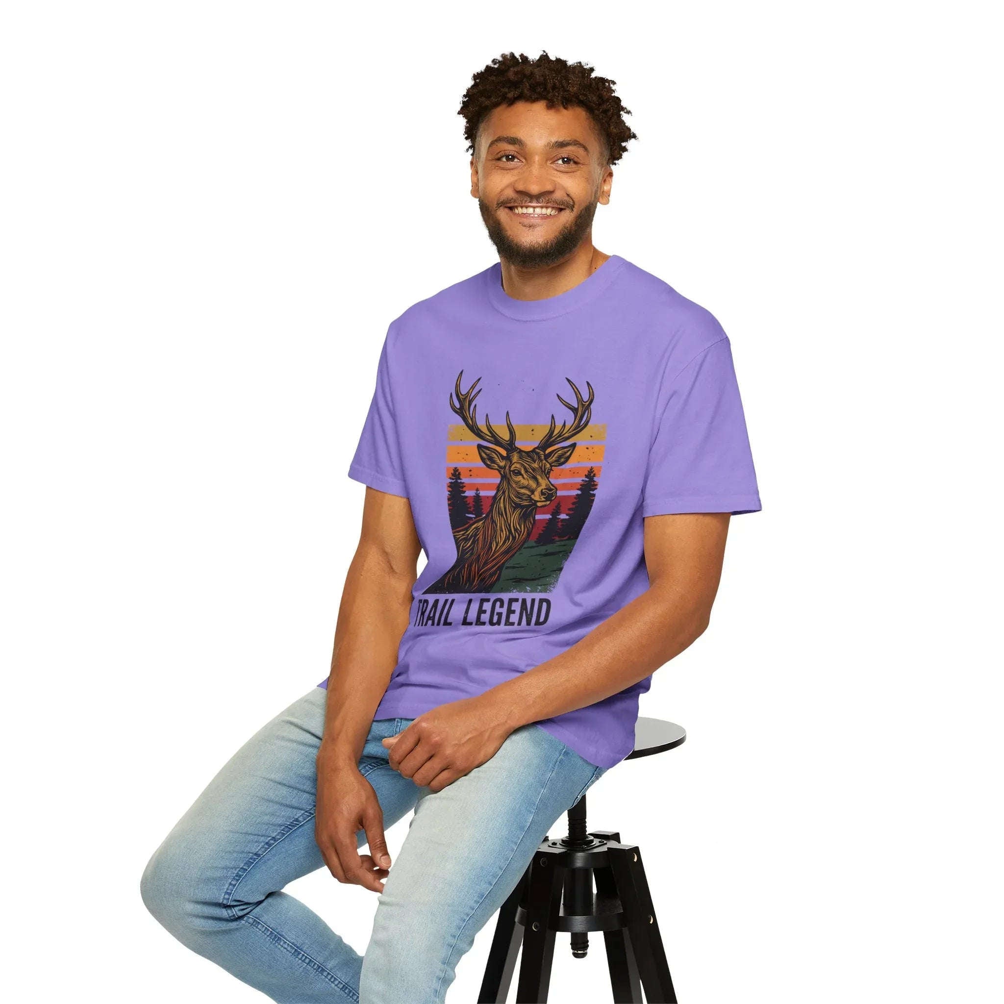 Trail Legend Deer T-Shirt, Vintage Sunset Forest Graphic Tee, Stag Outdoors Hiking Camping Shirt, Garment-Dyed Unisex Comfort Violet