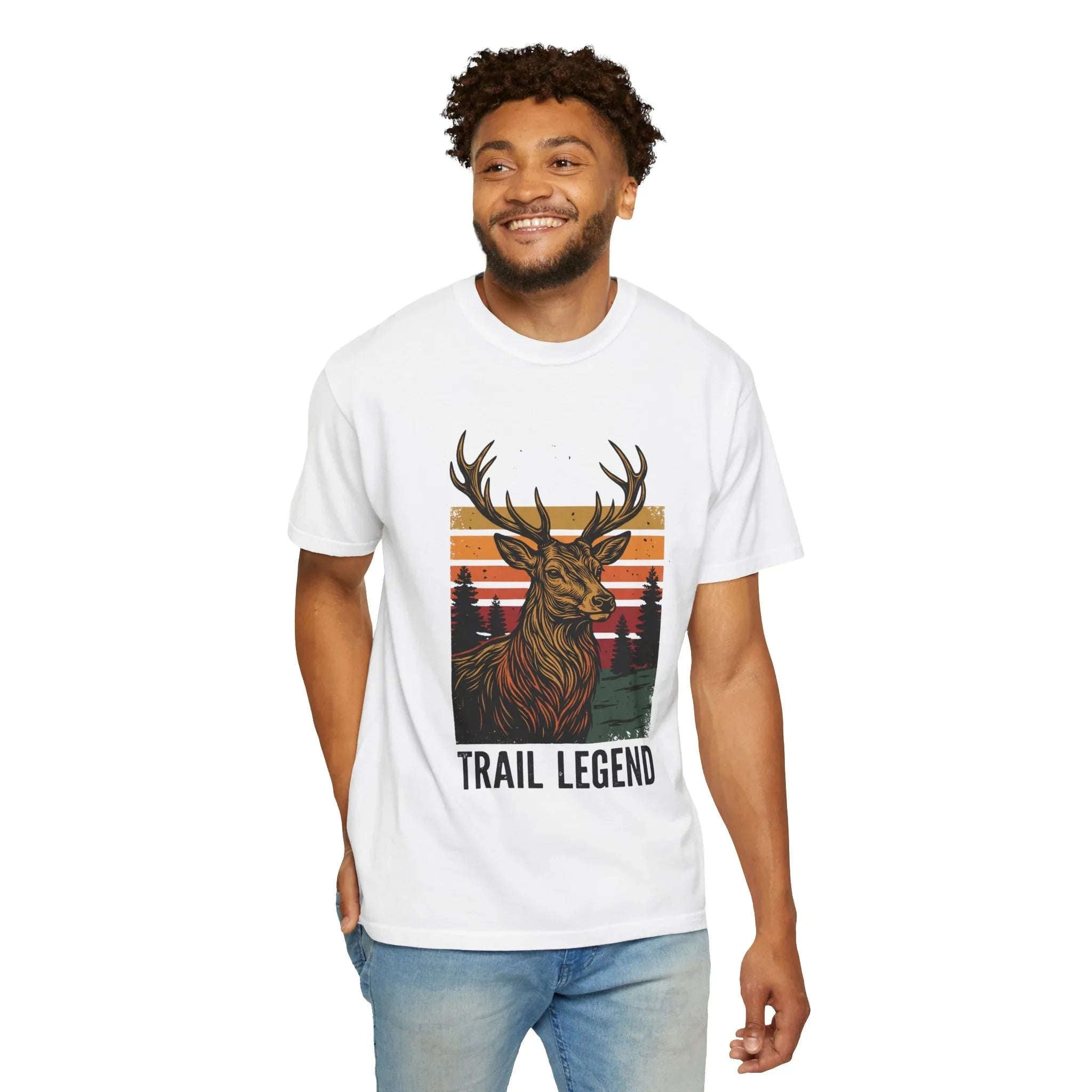 Trail Legend Deer T-Shirt, Vintage Sunset Forest Graphic Tee, Stag Outdoors Hiking Camping Shirt, Garment-Dyed Unisex Comfort