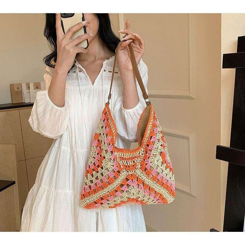 Trapezoid Handwoven Shoulder Bag in Dusty Purple with Leather Strap | Lined Natural Cotton Rope Bag for Women