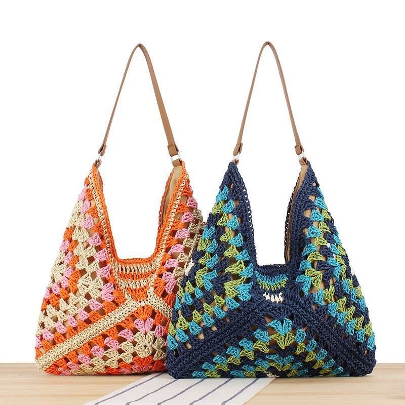 Trapezoid Handwoven Shoulder Bag in Dusty Purple with Leather Strap | Lined Natural Cotton Rope Bag for Women