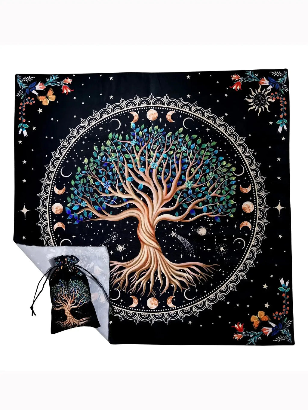 🌳Tree of Life Tarot Tablecloth – Premium 29x29 Inch Velvet Altar Cloth with Mystical Design + Free Tarot Card Bag