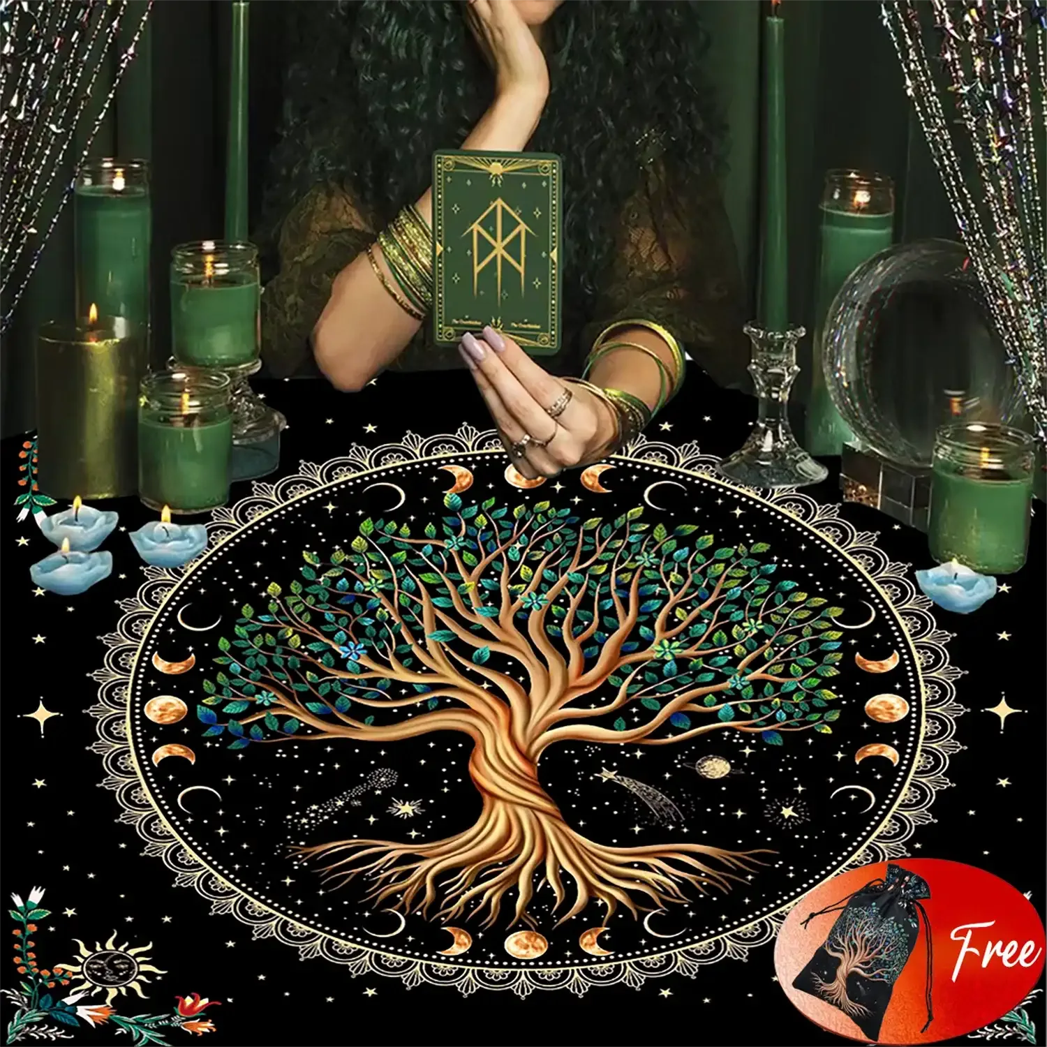 🌳Tree of Life Tarot Tablecloth – Premium 29x29 Inch Velvet Altar Cloth with Mystical Design + Free Tarot Card Bag