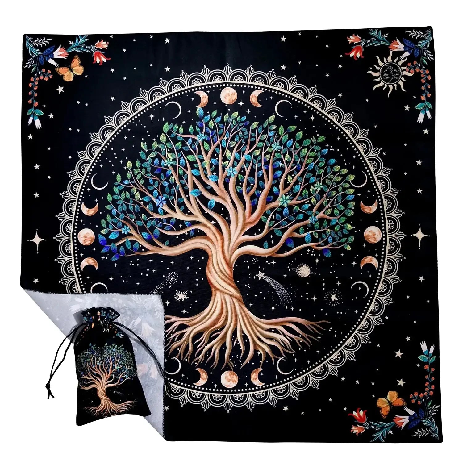 🌳Tree of Life Tarot Tablecloth – Premium 29x29 Inch Velvet Altar Cloth with Mystical Design + Free Tarot Card Bag