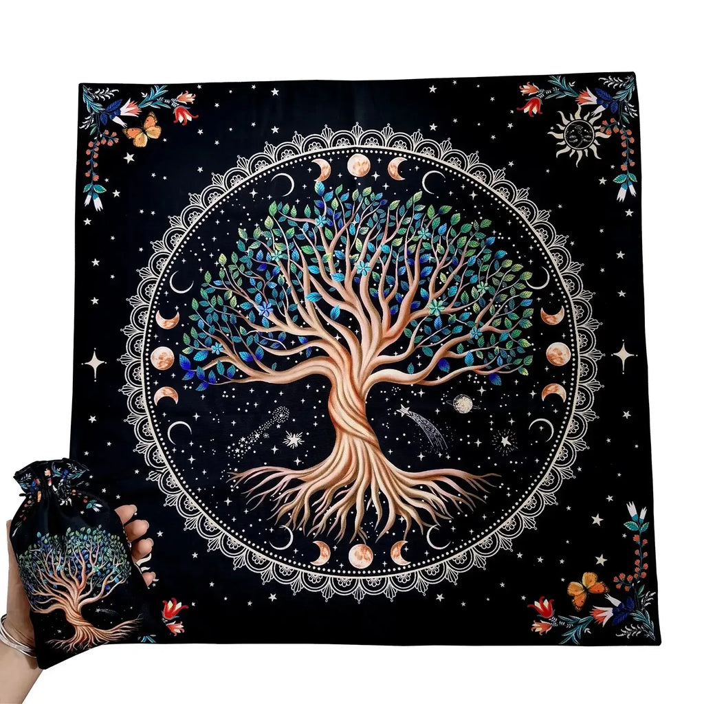 🌳Tree of Life Tarot Tablecloth – Premium 29x29 Inch Velvet Altar Cloth with Mystical Design + Free Tarot Card Bag