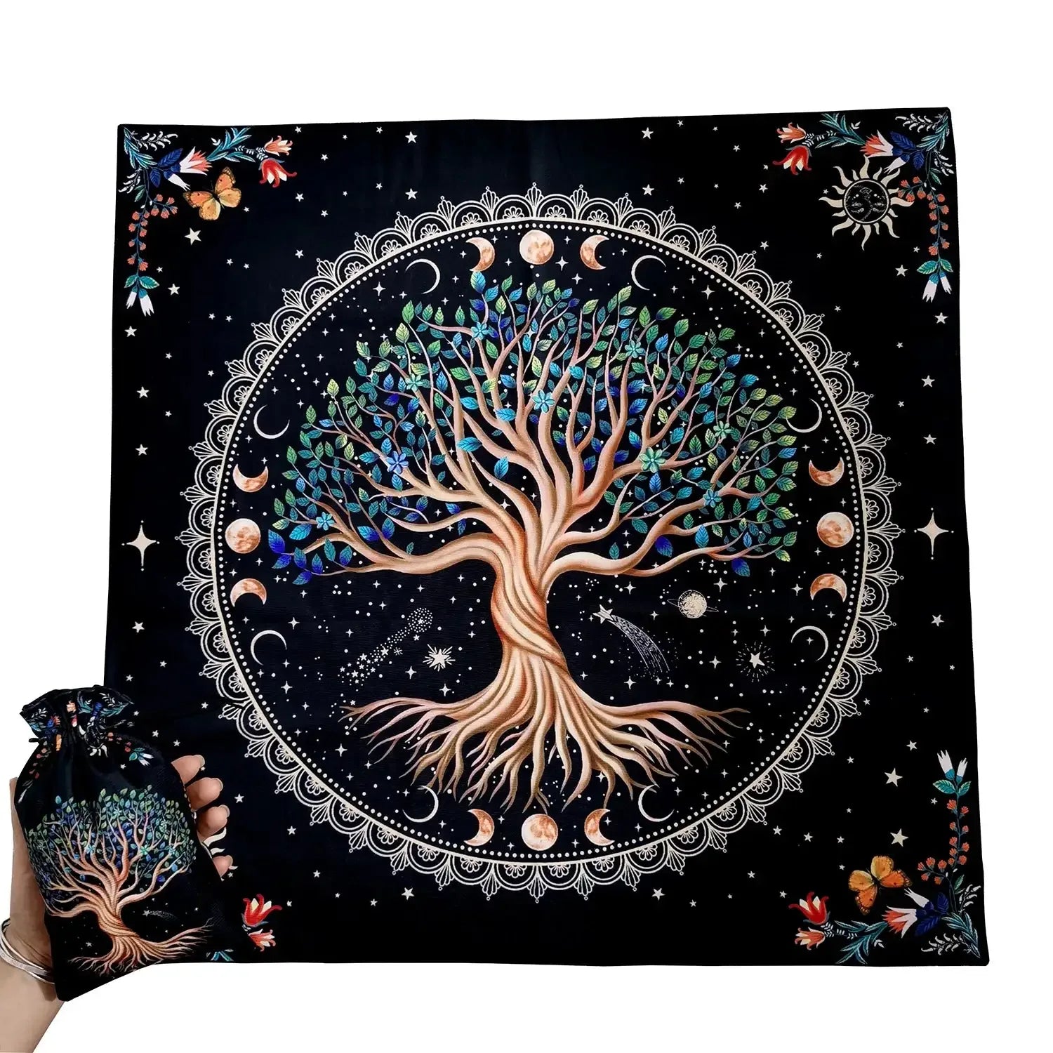 🌳Tree of Life Tarot Tablecloth – Premium 29x29 Inch Velvet Altar Cloth with Mystical Design + Free Tarot Card Bag