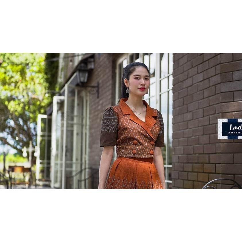 Trendy Cotton Two-Piece Set - Mandarin Collar Top & Pleated Skirt in 3 Colors | Available Separates ส้มอิฐ