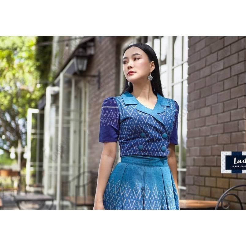 Trendy Cotton Two-Piece Set - Mandarin Collar Top & Pleated Skirt in 3 Colors | Available Separates ฟ้าน้ำทะเล