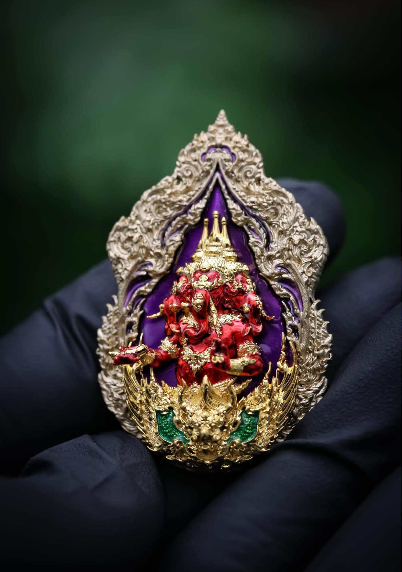 Trimurti Ganesha medallion for luck in ornate gold and purple design, beautifully detailed with intricate decorations