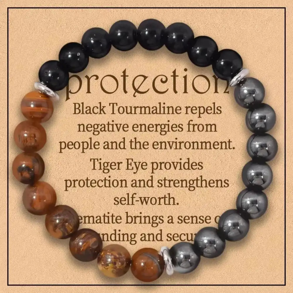 🛡️ Triple Protection Crystal Bracelet – Tiger Eye, Black Obsidian & Hematite | 8mm Round Gemstone Stretch Bracelet for Shielding & Balance 18cm