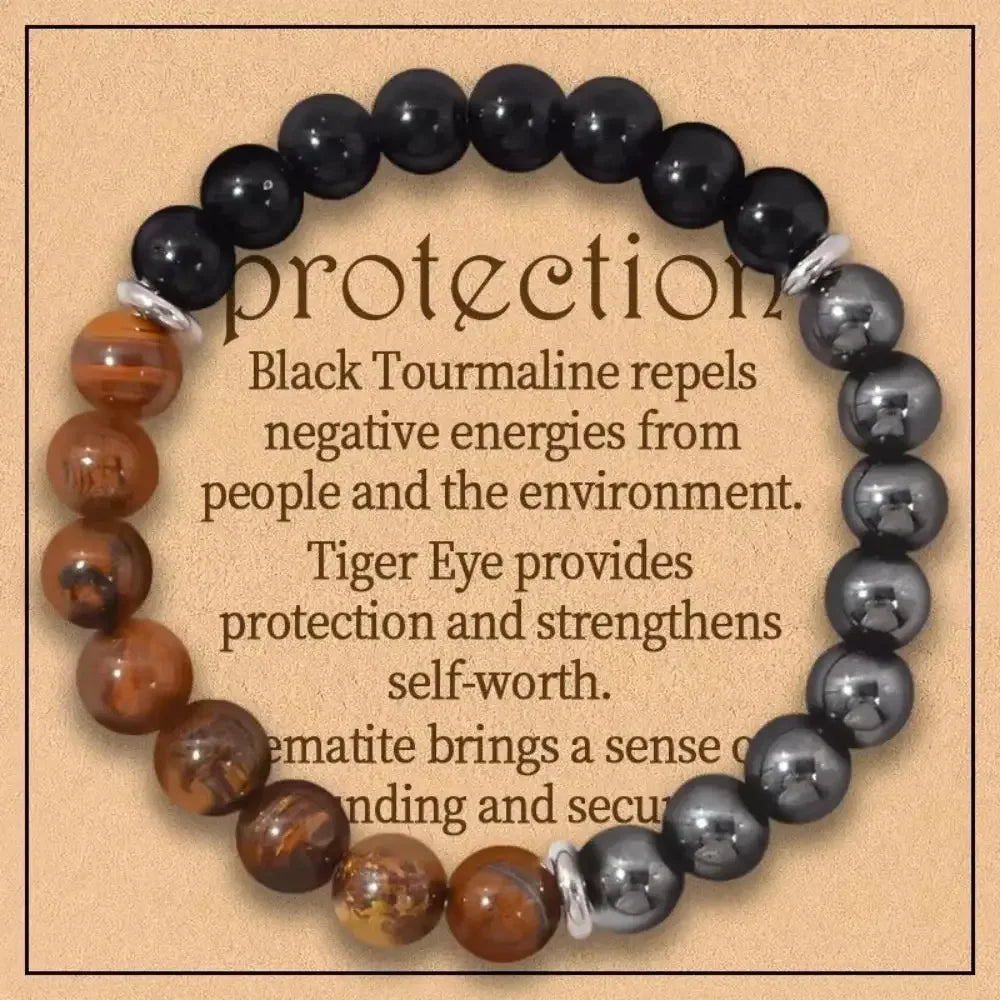 🛡️ Triple Protection Crystal Bracelet – Tiger Eye, Black Obsidian & Hematite | 8mm Round Gemstone Stretch Bracelet for Shielding & Balance 18cm