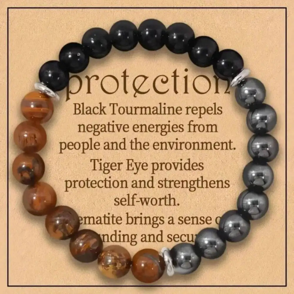 🛡️ Triple Protection Crystal Bracelet – Tiger Eye, Black Obsidian & Hematite | 8mm Round Gemstone Stretch Bracelet for Shielding & Balance