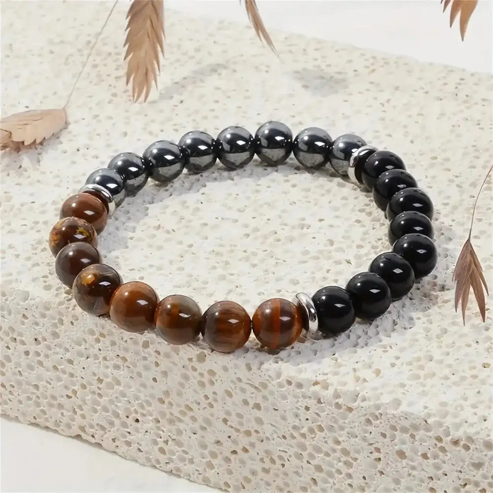 🛡️ Triple Protection Crystal Bracelet – Tiger Eye, Black Obsidian & Hematite | 8mm Round Gemstone Stretch Bracelet for Shielding & Balance