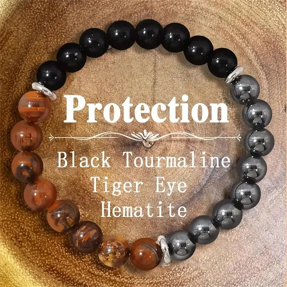 🛡️ Triple Protection Crystal Bracelet – Tiger Eye, Black Obsidian & Hematite | 8mm Round Gemstone Stretch Bracelet for Shielding & Balance