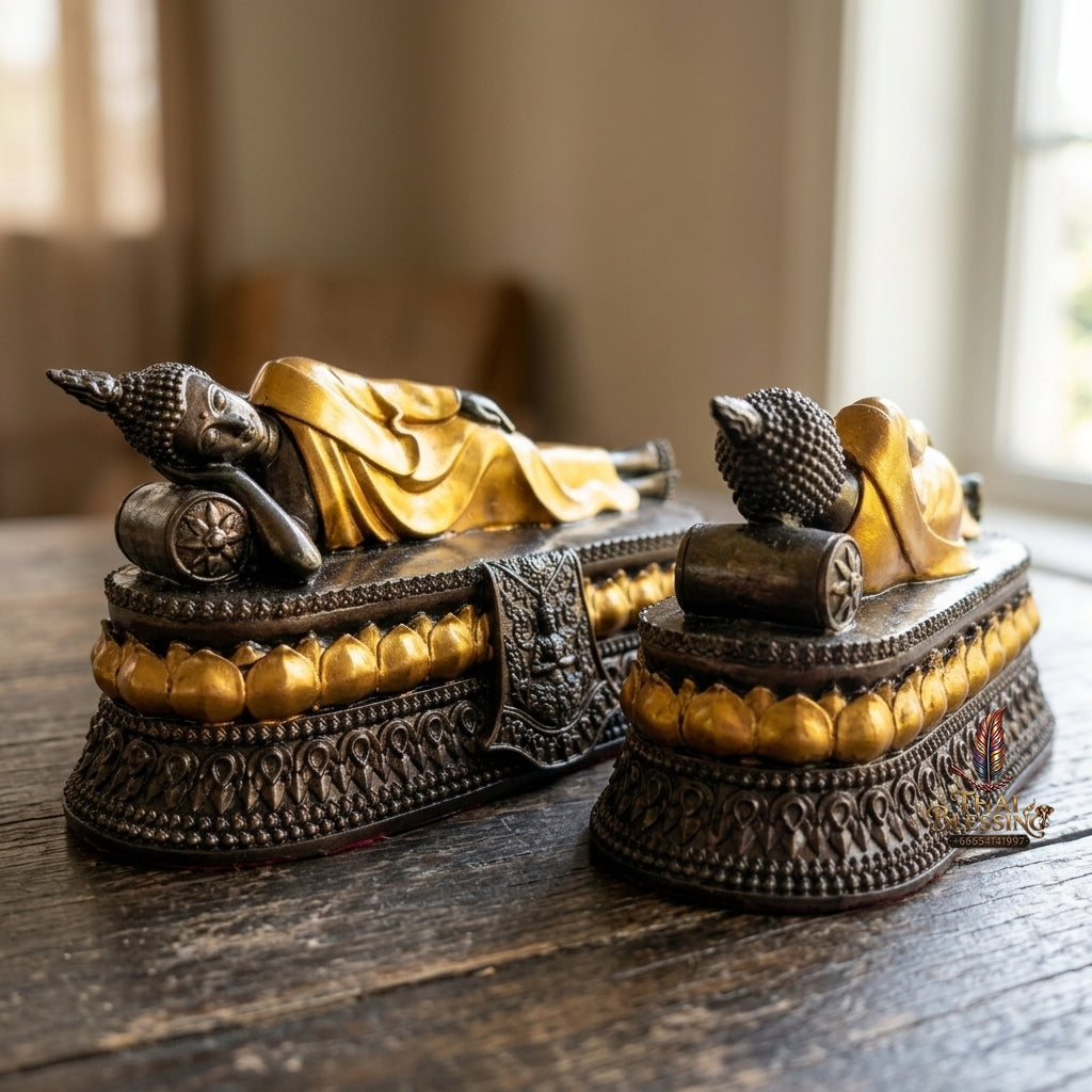 Authentic Thai Tuesday Birthday Buddha Statue "Reclining Buddha Pang Saiyat" Cast from Sacred Nam Phi Iron Ore (Rae Lek Nam Phi) - Antique Bronze & Gold Accents (Size Base 8x3 Inches, Height 4 Inches)