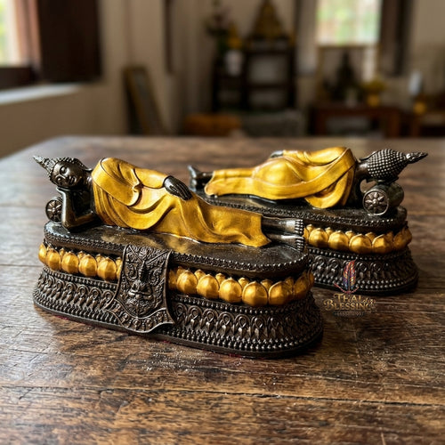 Authentic Thai Tuesday Birthday Buddha Statue "Reclining Buddha Pang Saiyat" Cast from Sacred Nam Phi Iron Ore (Rae Lek Nam Phi) - Antique Bronze & Gold Accents (Size Base 8x3 Inches, Height 4 Inches)