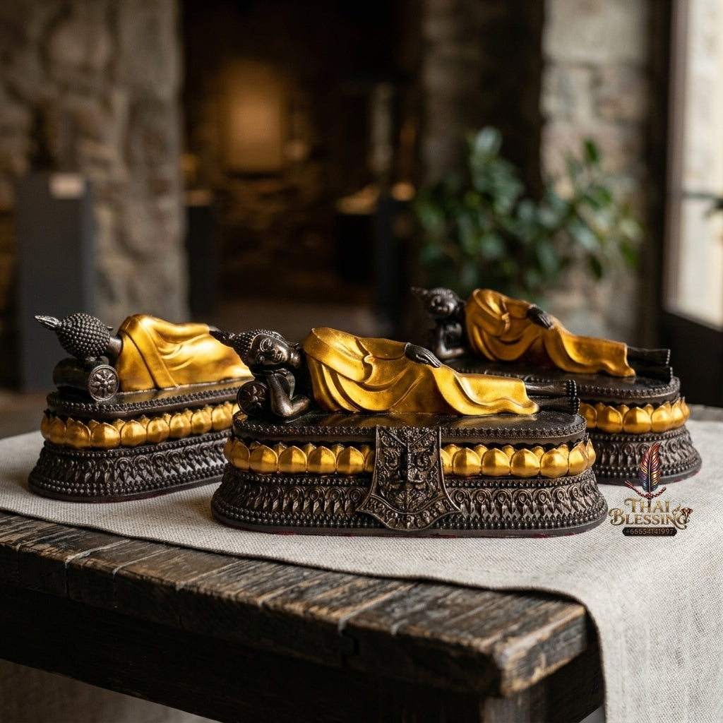 Authentic Thai Tuesday Birthday Buddha Statue "Reclining Buddha Pang Saiyat" Cast from Sacred Nam Phi Iron Ore (Rae Lek Nam Phi) - Antique Bronze & Gold Accents (Size Base 8x3 Inches, Height 4 Inches)