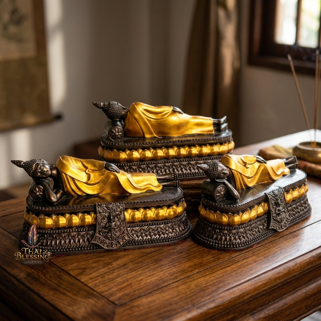 Authentic Thai Tuesday Birthday Buddha Statue "Reclining Buddha Pang Saiyat" Cast from Sacred Nam Phi Iron Ore (Rae Lek Nam Phi) - Antique Bronze & Gold Accents (Size Base 8x3 Inches, Height 4 Inches)