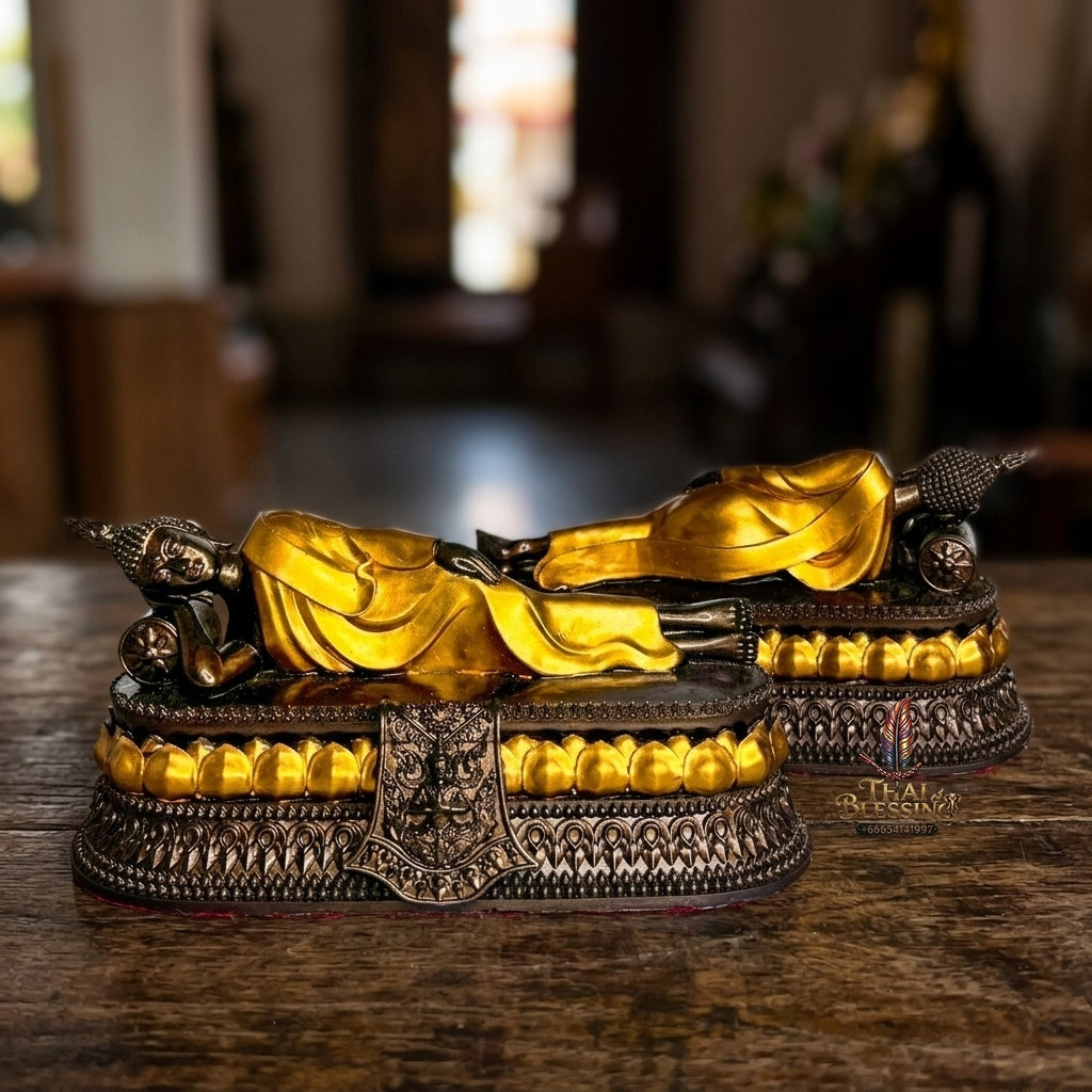 Authentic Thai Tuesday Birthday Buddha Statue "Reclining Buddha Pang Saiyat" Cast from Sacred Nam Phi Iron Ore (Rae Lek Nam Phi) - Antique Bronze & Gold Accents (Size Base 8x3 Inches, Height 4 Inches)