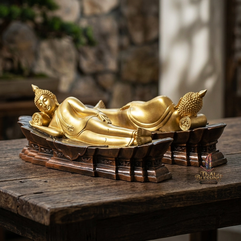 Fine Art Thai Reclining Buddha Statue "Tuesday Birthday Deity (Pang Saiyat)" by Sculptor Suphakreuk Yamprakhon - Marble Resin with Matte Gold Finish & Copper Gold Base - Consecrated Chaidee Yantra Coin Insert with Glass Display Case