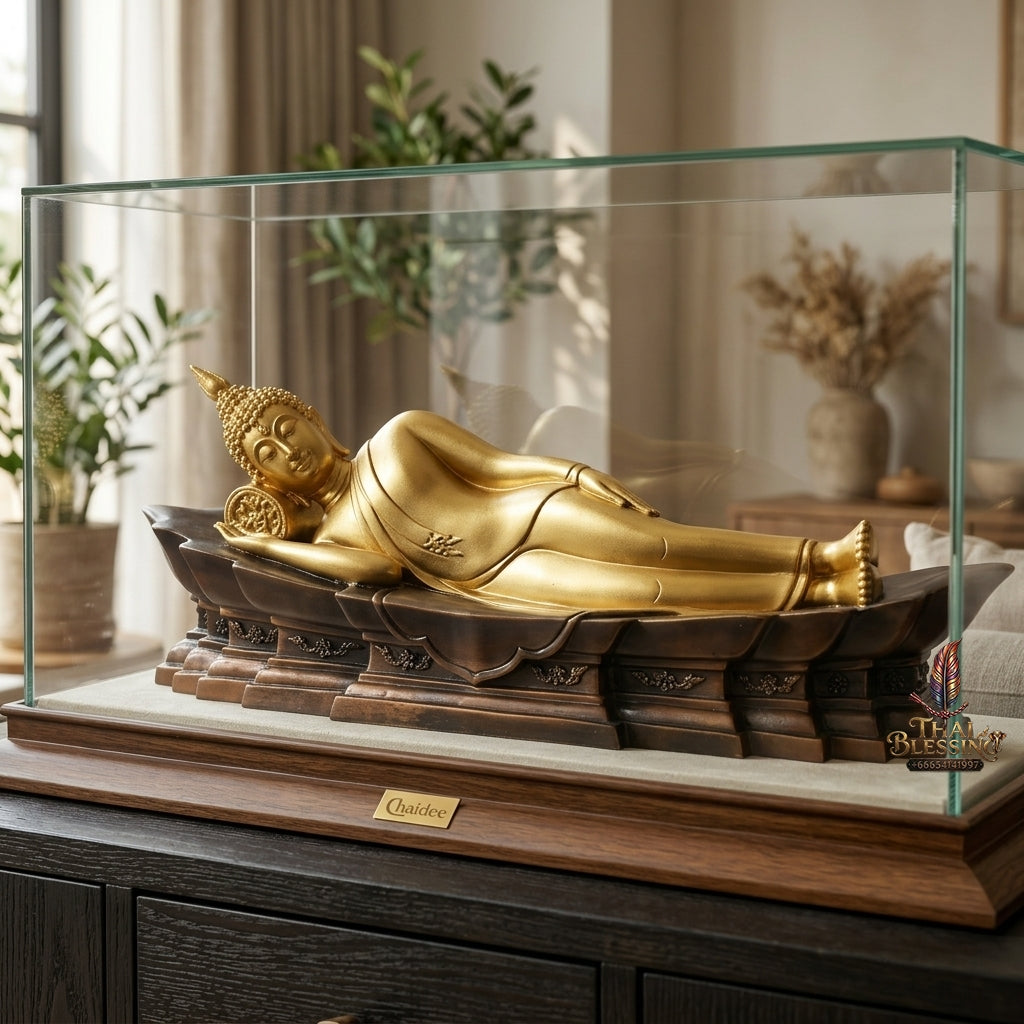 Fine Art Thai Reclining Buddha Statue "Tuesday Birthday Deity (Pang Saiyat)" by Sculptor Suphakreuk Yamprakhon - Marble Resin with Matte Gold Finish & Copper Gold Base - Consecrated Chaidee Yantra Coin Insert with Glass Display Case