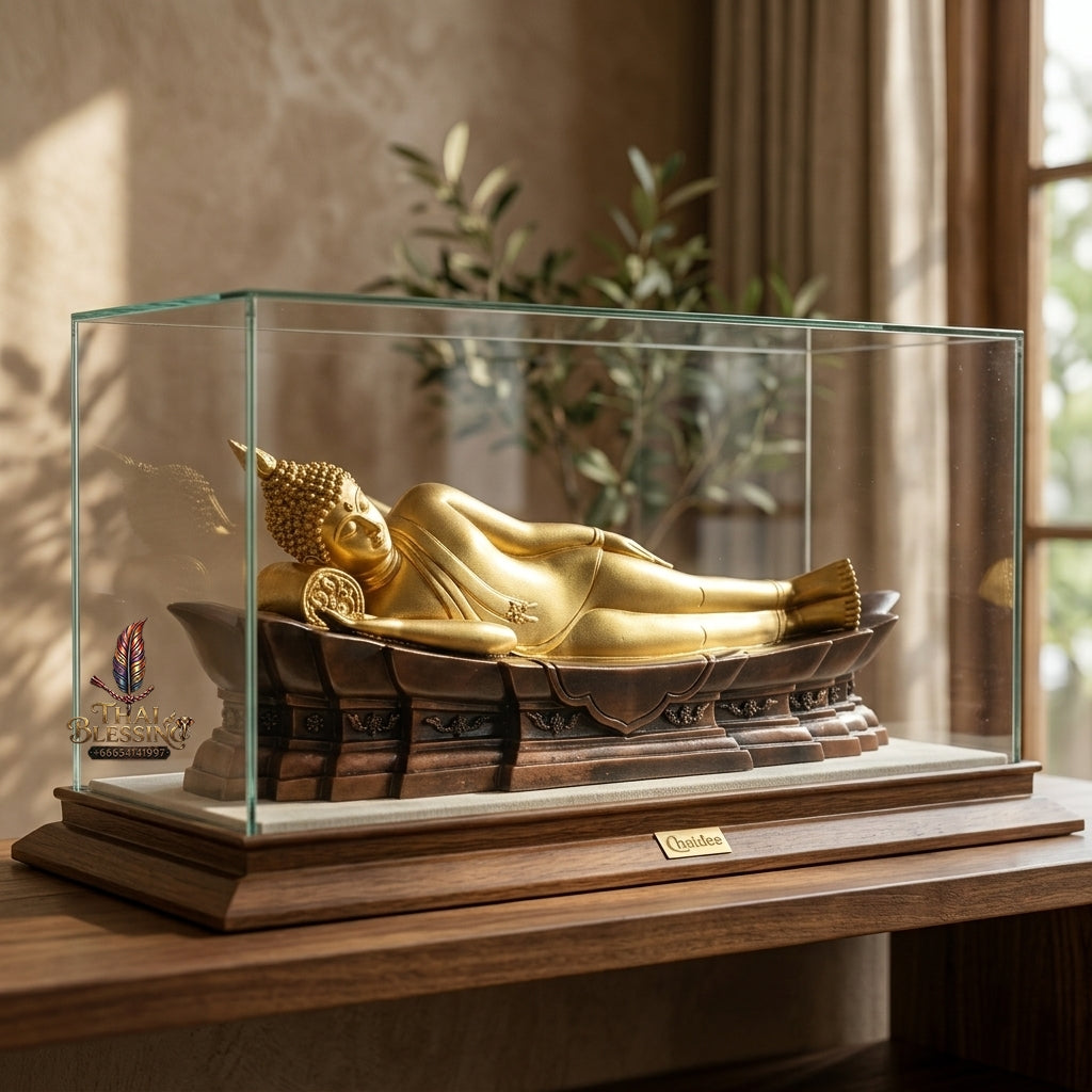 Fine Art Thai Reclining Buddha Statue "Tuesday Birthday Deity (Pang Saiyat)" by Sculptor Suphakreuk Yamprakhon - Marble Resin with Matte Gold Finish & Copper Gold Base - Consecrated Chaidee Yantra Coin Insert with Glass Display Case