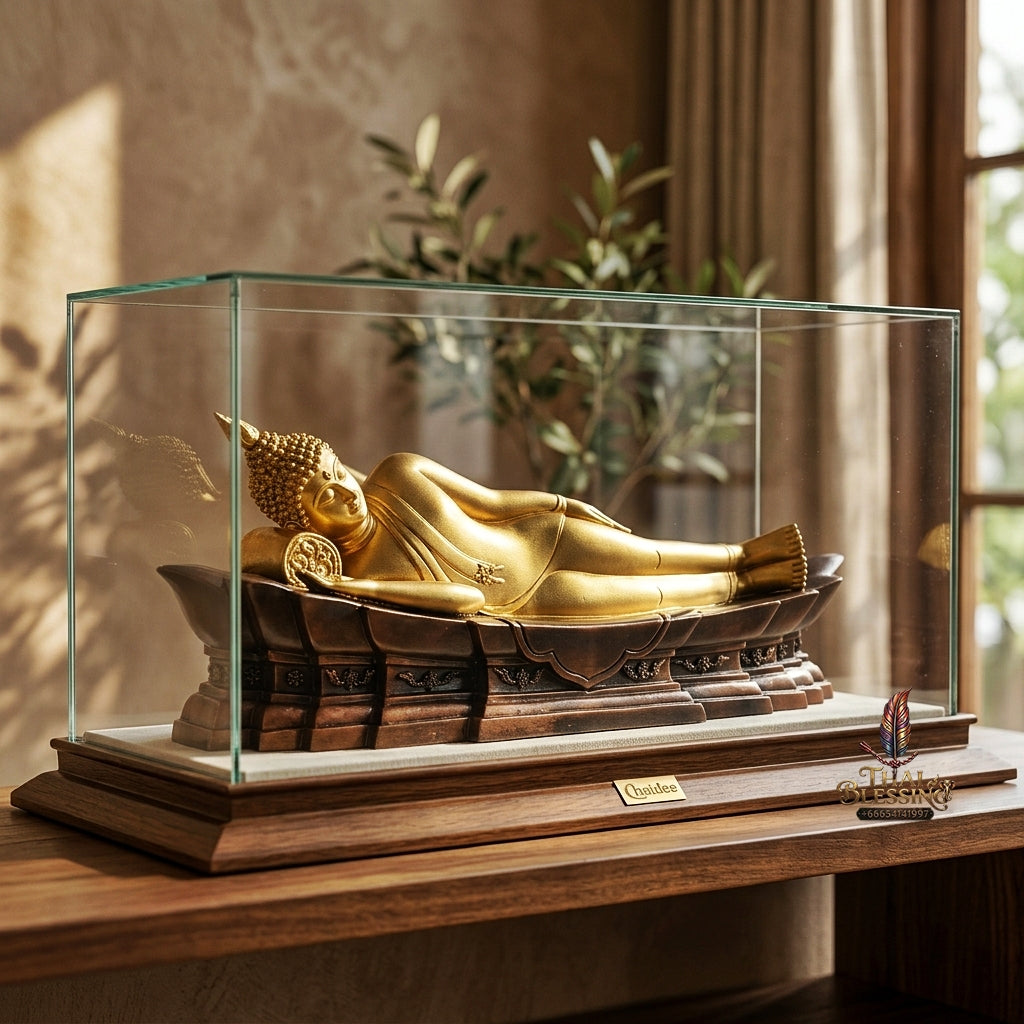 Fine Art Thai Reclining Buddha Statue "Tuesday Birthday Deity (Pang Saiyat)" by Sculptor Suphakreuk Yamprakhon - Marble Resin with Matte Gold Finish & Copper Gold Base - Consecrated Chaidee Yantra Coin Insert with Glass Display Case Includes glass display case
