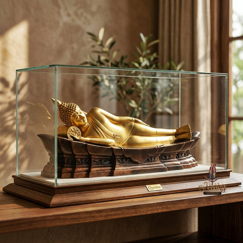 Fine Art Thai Reclining Buddha Statue "Tuesday Birthday Deity (Pang Saiyat)" by Sculptor Suphakreuk Yamprakhon - Marble Resin with Matte Gold Finish & Copper Gold Base - Consecrated Chaidee Yantra Coin Insert with Glass Display Case