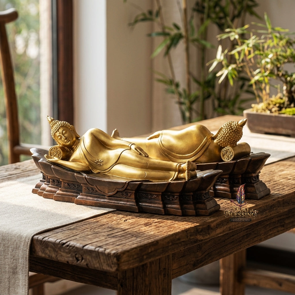 Fine Art Thai Reclining Buddha Statue "Tuesday Birthday Deity (Pang Saiyat)" by Sculptor Suphakreuk Yamprakhon - Marble Resin with Matte Gold Finish & Copper Gold Base - Consecrated Chaidee Yantra Coin Insert with Glass Display Case