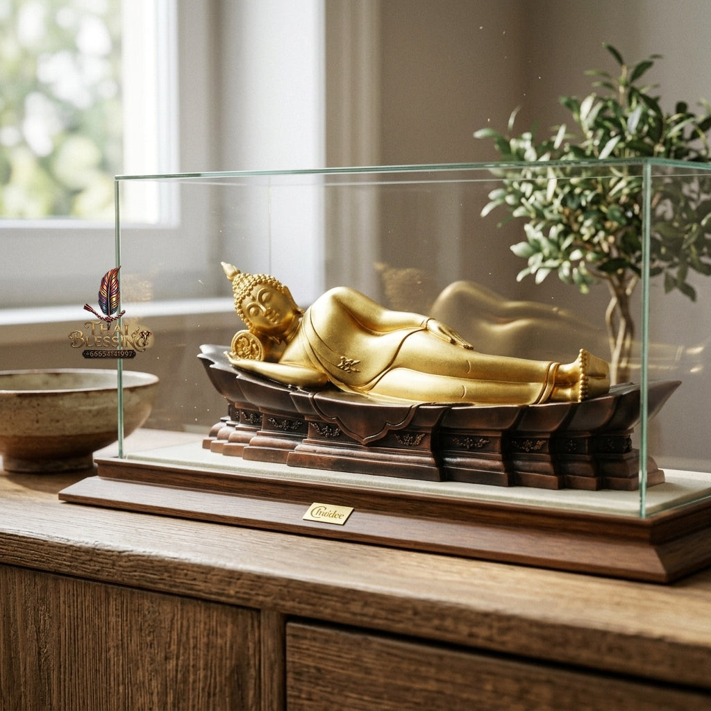 Fine Art Thai Reclining Buddha Statue "Tuesday Birthday Deity (Pang Saiyat)" by Sculptor Suphakreuk Yamprakhon - Marble Resin with Matte Gold Finish & Copper Gold Base - Consecrated Chaidee Yantra Coin Insert with Glass Display Case