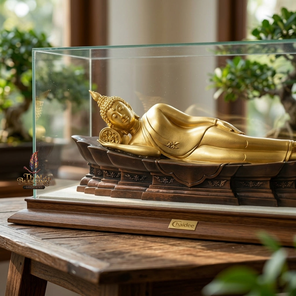 Fine Art Thai Reclining Buddha Statue "Tuesday Birthday Deity (Pang Saiyat)" by Sculptor Suphakreuk Yamprakhon - Marble Resin with Matte Gold Finish & Copper Gold Base - Consecrated Chaidee Yantra Coin Insert with Glass Display Case