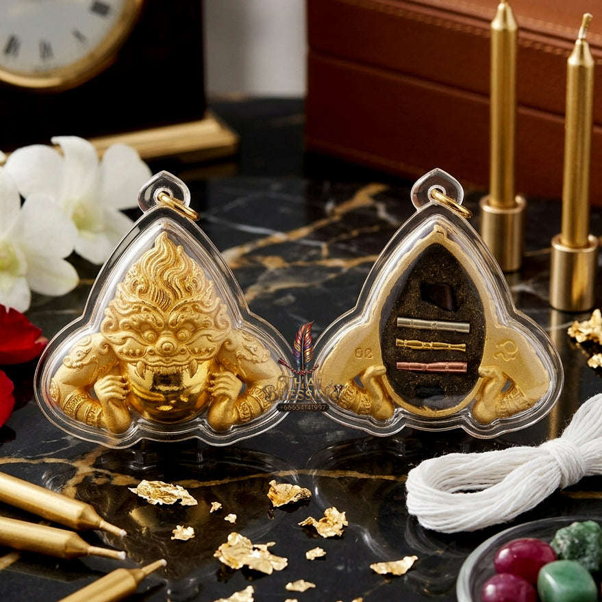 ✨ [Ultimate Guardian] Sacred Phra Rahu "Powerful Manifestation" Gold-Plated Bronze Talisman – Khao O Lineage Master-Blessed by Porthan Kloi, Wat Phukhaothong (Satta-Mongkol 2012 Edition) Thai Blessing Co By RURUECHA