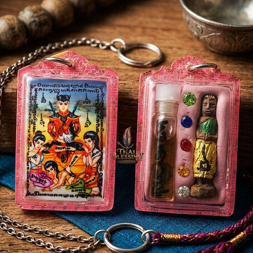 Ultra-Rare Master-Grade Extreme Seduction & Gambling Fortune Locket Khun Phaen Sam Nang Phrai Back-Embedded Nang Takian Edition Achan Phrot Samnak Pu Saneh Khobut 2017 Thai Amulet Collectible Thai Blessing Co By RURUECHA