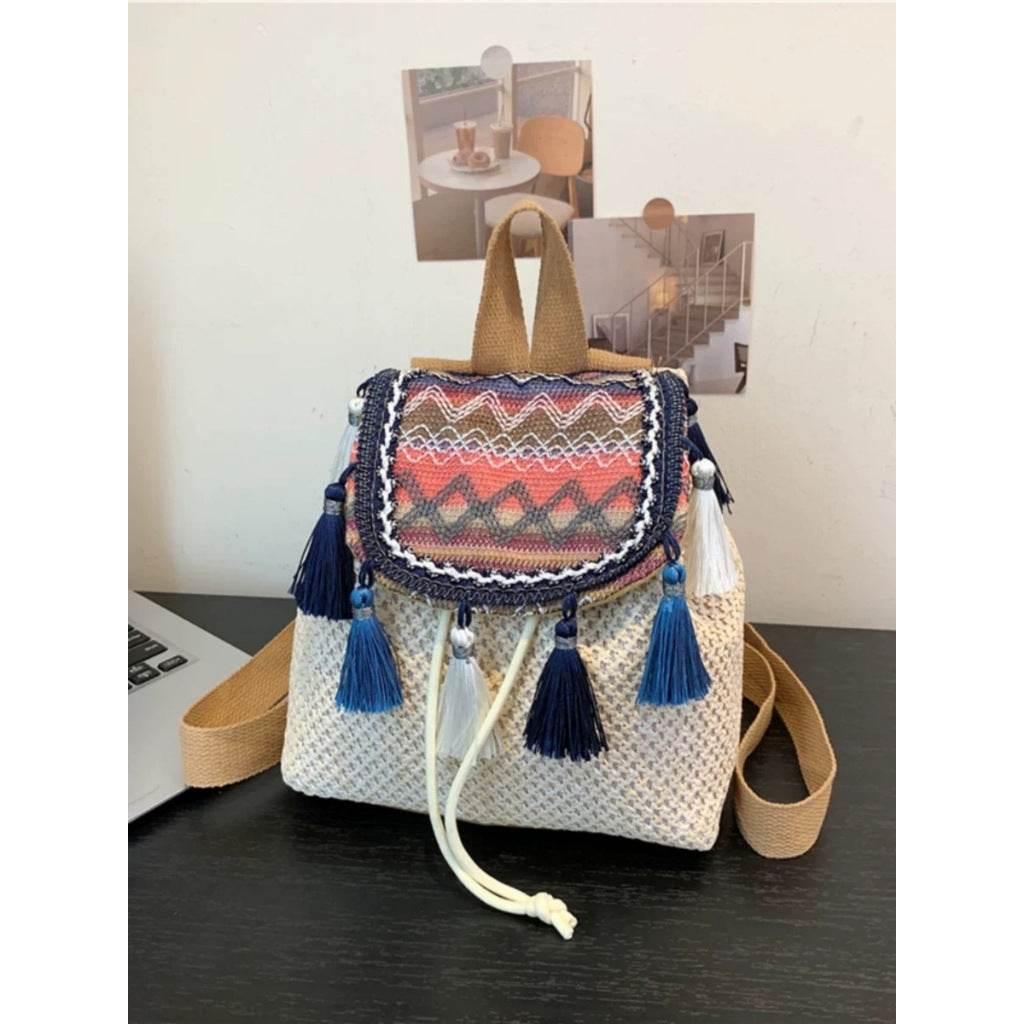 Unique Handwoven Crossbody Backpack for Women with Colorful Tassels - Natural Cotton Rope, 33x22cm, Adjustable Strap